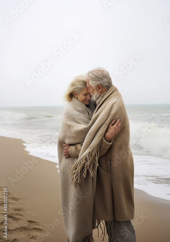 A couple of elderly people in love who have been warmed by love and care for years, a warm embrace on the shore and the wind on cold winter days.