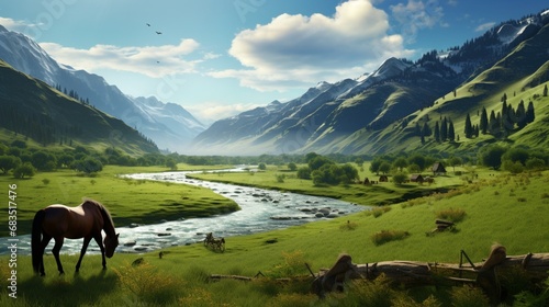 Horses graze alongside a picturesque river, framed by rolling hills in the distance.