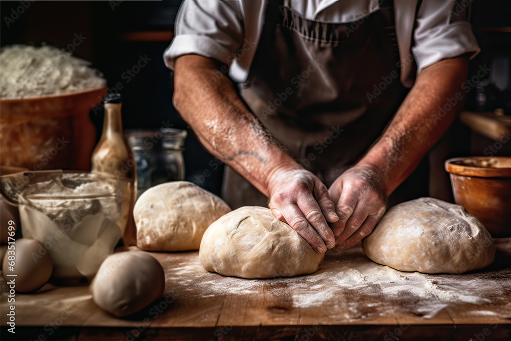 hands of baker's male knead fresh dough.baker's  working in the bakery