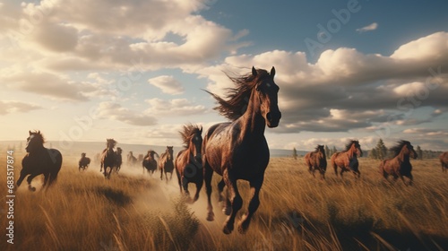 Fotografiet Horses race across the farm's vast fields, their manes flowing in the wind