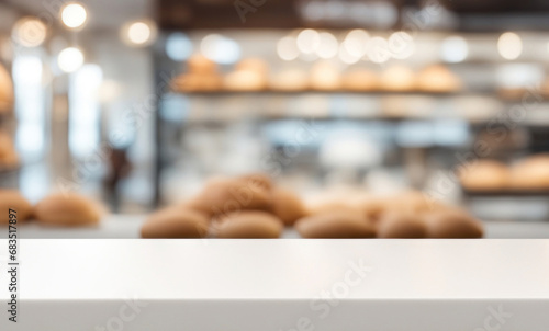 Empty white table top in front, blurred bakery background. Bakery store kitchen scene with horizontal table. Panoramic cafe advertising podium, generated by AI