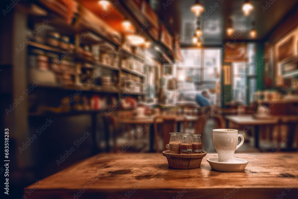 Cup of hot sweet coffee on table in cafe with blurred background