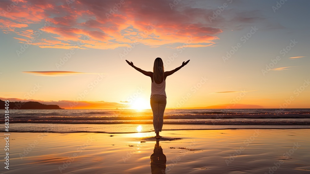 Silhouette of a Person Standing on the Beach with Arms Raised at Sunset