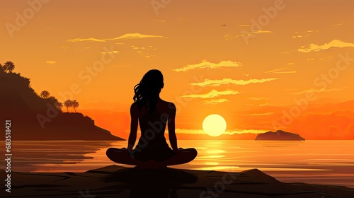 Tranquil Sunset Silhouette Woman Meditating on Beach