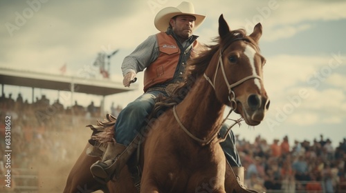 In the heart of a rodeo, a fearless rider and his trusty steed demonstrate incredible feats of equestrian prowess.