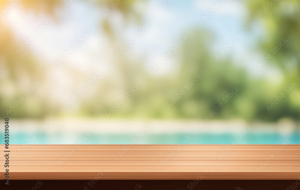 Empty summer vacation background. Horizontal travel banner for advertising product. Wooden table top in front, blurred paradise resort. Panoramic empty bar counter, generated by AI