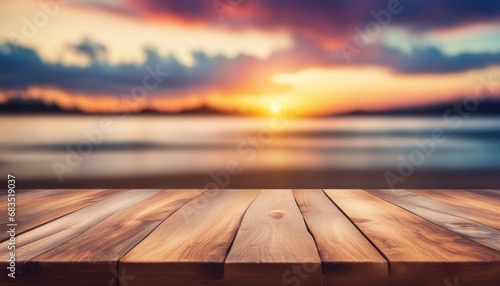 Empty wooden table top in front, blurred beautiful sunset background. Panoramic summer evening banner with copy space. Empty bar counter in focus, generated by AI
