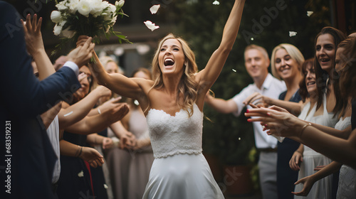 Bride tossing bouquet to excited guests at wedding