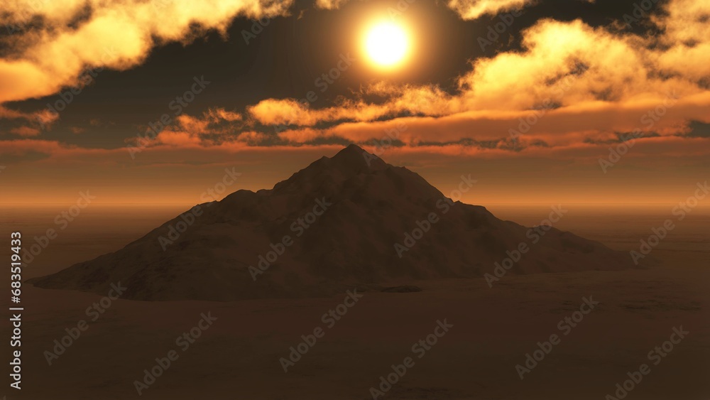 Mountain in lights of surrealistic sun 3D illustration background