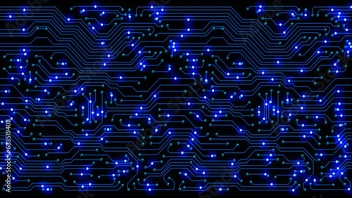 Animated circuit board showing data movement on a printed circuit, logic board photo
