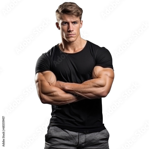 Male athlete with big muscles isolated on transparent background. Man with muscular torso and large biceps
