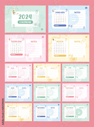 Calendar 2024 for kids with cartoon style, Cute Illustrations, Pastel Colores, Sunday Start, 12 Months