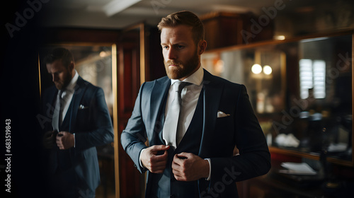 Groom adjusting his suit while looking in the mirror photo