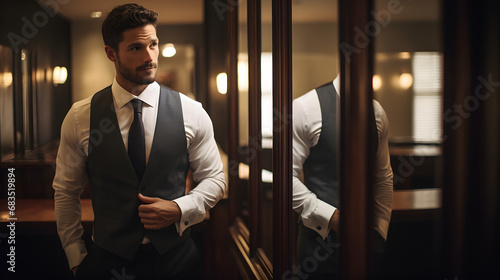 Groom adjusting his suit while looking in the mirror photo