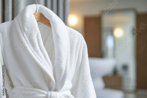 Close up of soft terry cloth spa bathrobe on the hanger photo