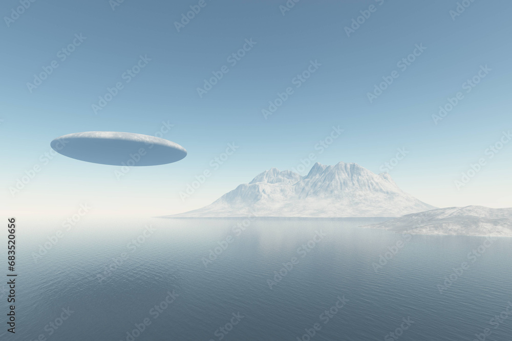 UFO flying over sea surface UFO flying over sea surface