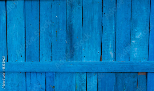 Close-up, vertical blue wooden planks. Detailed texture of the fence