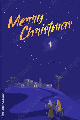 Mary, Joseph and donkey silhouettes on the way to Bethlehem, with a large bright star shining in a orange, golden illuminated sky, vector illustration.