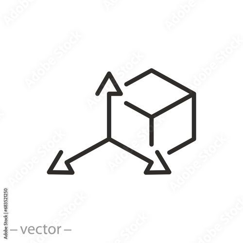 3D space modeling icon, tridimensional coordinate spaces XYZ, cube with arrows, thin line symbol on white background - editable stroke vector illustration 