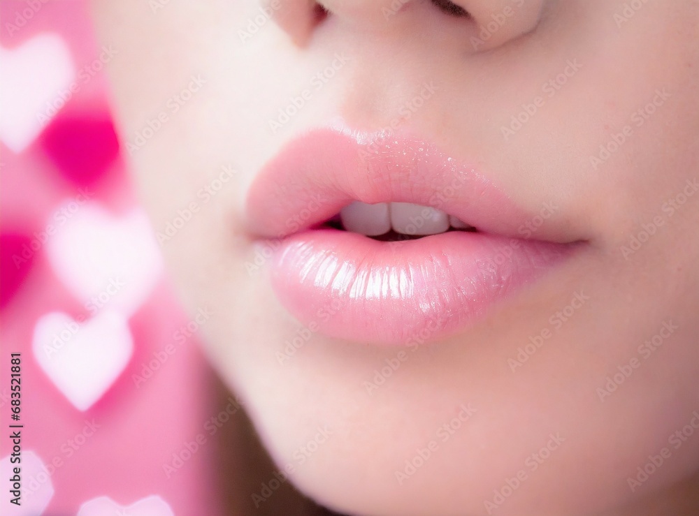 Young woman lips closeup, hearts background, Valentine's Day concept Young woman lips closeup, hearts background, Valentine's Day concept