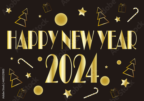 Feliz Año Nuevo 2024 en texto dorado y guirnaldas, árbol de Navidad, cachavas de caramelo, regalos y estrellas  doradas sobre fondo degradado negro. Felicitación navideña.