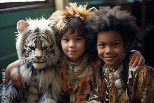 children play and run around in animal costumes, celebrate carnival. carnivals in childhood. carnivals. costumes of tigers, raccoons, lions, rabbits. happy children. photo