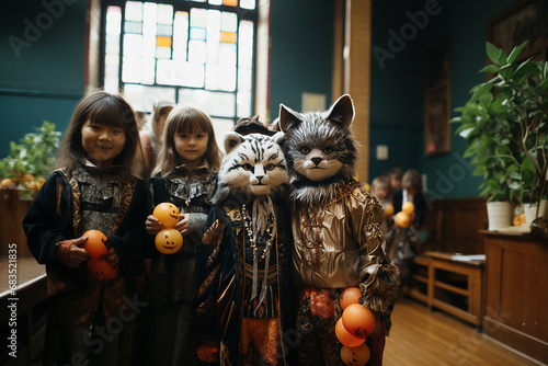 children play and run around in animal costumes, celebrate carnival. carnivals in childhood. carnivals. costumes of tigers, raccoons, lions, rabbits. happy children.