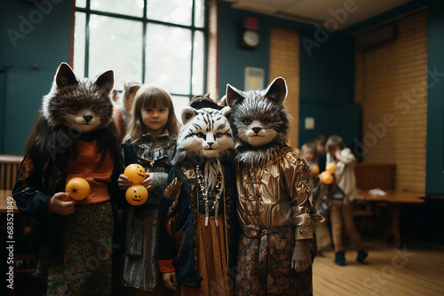 children play and run around in animal costumes, celebrate carnival. carnivals in childhood. carnivals. costumes of tigers, raccoons, lions, rabbits. happy children.