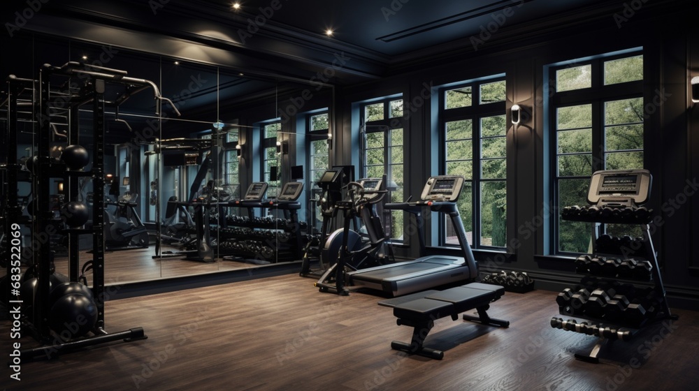 A high-end black home gym with a wall of mirrors, advanced workout equipment, and integrated tech