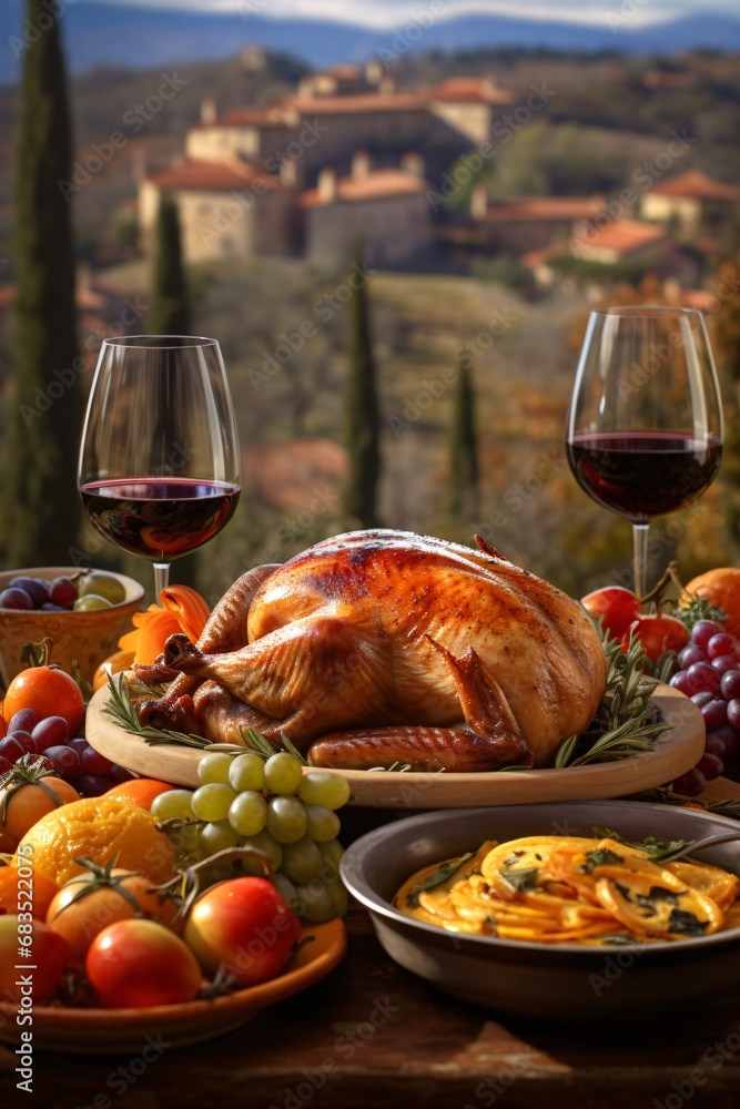 provencal thanksgiving feast with turkey and traditional side dishes in front of a winery background provencal thanksgiving feast with turkey and traditional side dishes in front of a winery background