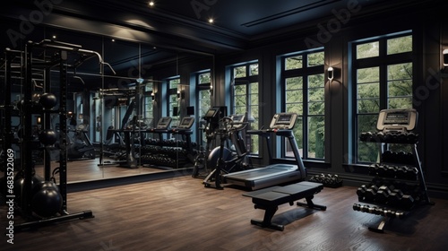 A high-end black home gym with a wall of mirrors, advanced workout equipment, and integrated tech