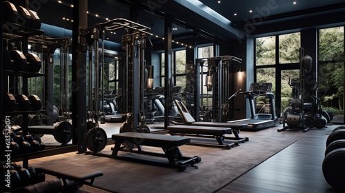 A high-end black home gym with a wall of mirrors, advanced workout equipment, and integrated tech © cheena