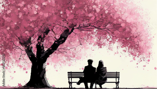 Liebespaar auf Parkbank unter einem Baum mit rosa Blüten Generative AI 
