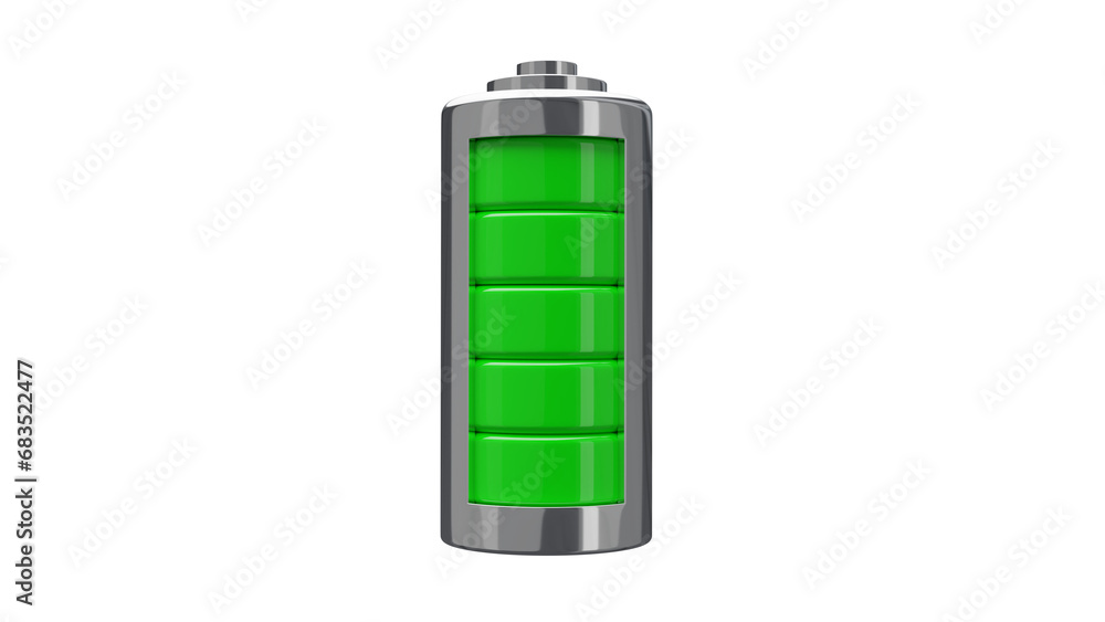 Full battery with green charging level in metal jacket isolated on transparent and white background. Energy concept. 3D render Full battery with green charging level in metal jacket isolated on transparent and white background. Energy concept. 3D render