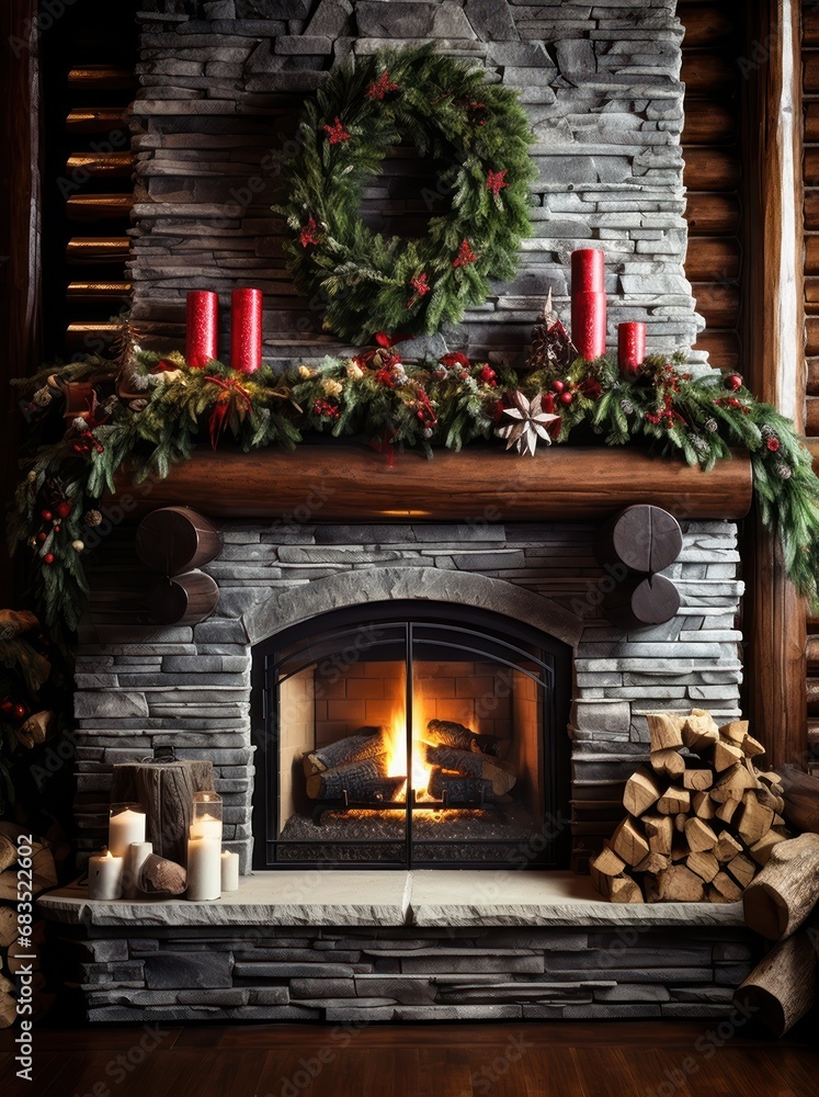 Burning Fireplace decorated for Christmas