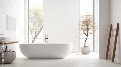 A contemporary white bathroom with a freestanding bathtub and stylish fixtures © cheena