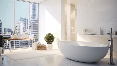 A contemporary white bathroom with a freestanding bathtub and stylish fixtures © cheena