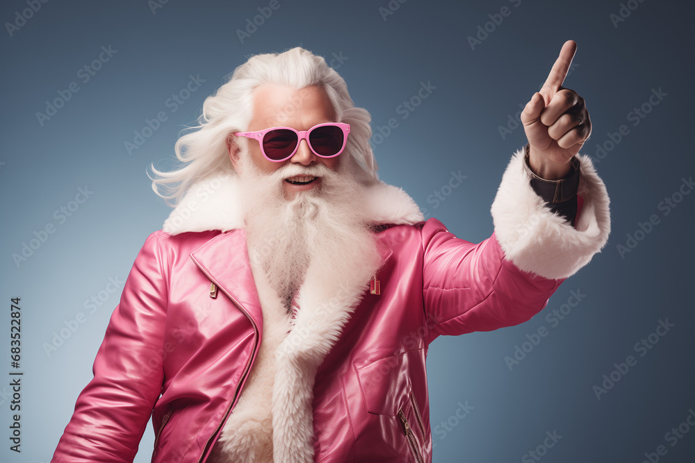  Santa Claus is in a pink suit with long hair and sunglasses.