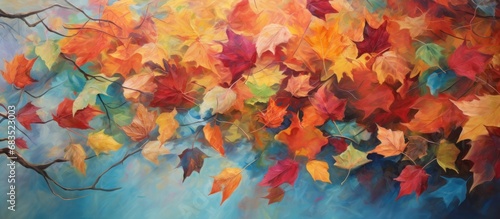 Colorful painting Yellow  green and red tree autumn leaves on blue background. AI generated image