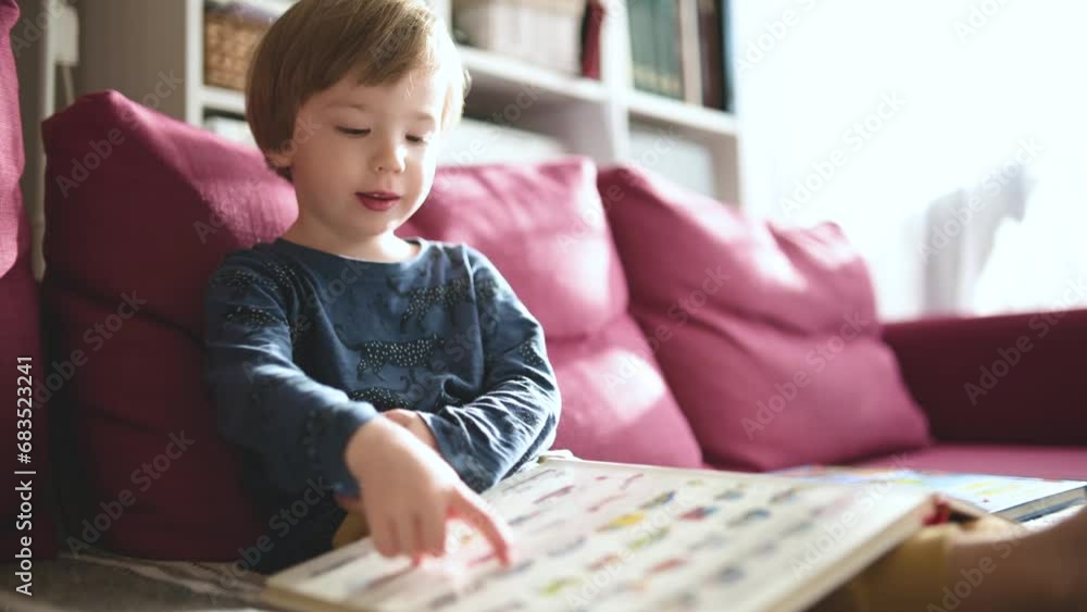 Cute toddler boy reading books on the sofa at home on a bright sunny afternoon. Daytime care creative activity. Kids having fun. Educational learning games. Family leisure indoor. Slow motion footage. Cute toddler boy reading books on the sofa at home on a bright sunny afternoon. Daytime care creative activity. Kids having fun. Educational learning games. Family leisure indoor. Slow motion footage.