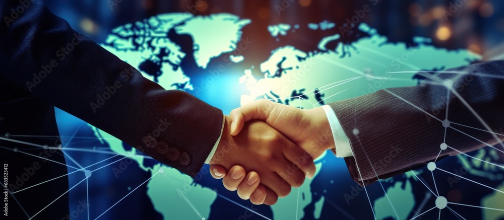 Closeup Businessmen handshake on digital global market graph bar chart diagram background. - obrazy, fototapety, plakaty 