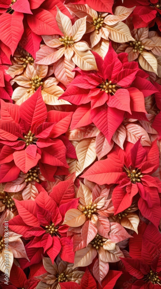 Background made of a red and gold poinsettia flowers.