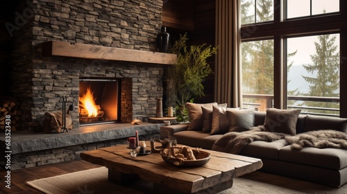 A brown living room with a stone fireplace  cozy sectional  and wooden coffee table