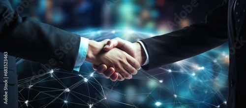 Businessmen handshake on digital global market graph bar chart diagram background.