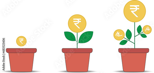 Plant money grow icon isolated on white background. saving investments Infographics line vector Elements. Business elements banner. money tree Design Investment Growth Line Icon, gold coins rupees.
