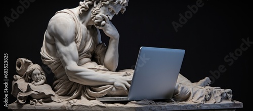 Goddess sculpture ancient working with laptop isolated dark background