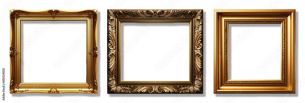 Set of Decorative antique gold frames of square shape with elegant carved decoration, isolated on transparent background, generative ai Set of Decorative antique gold frames of square shape with elegant carved decoration, isolated on transparent background, generative ai