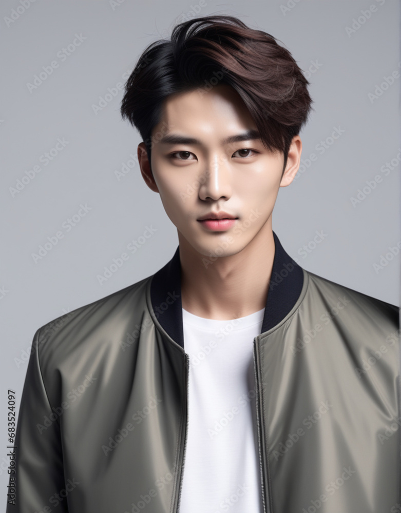 portrait of a handsome guy of an Asian model on a light background in a jacket portrait of a handsome guy of an Asian model on a light background in a jacket