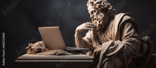 Goddess sculpture ancient working with laptop isolated dark background photo