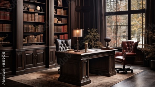 A brown home office with a leather desk chair  dark wood desk  and organized workspace